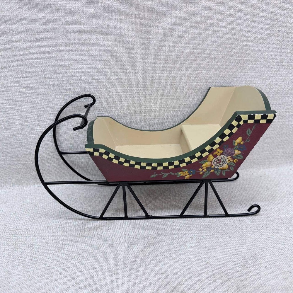 Russ Berrie Hand Painted Wooden Christmas Sleigh Floral Folk Art Decor 101349